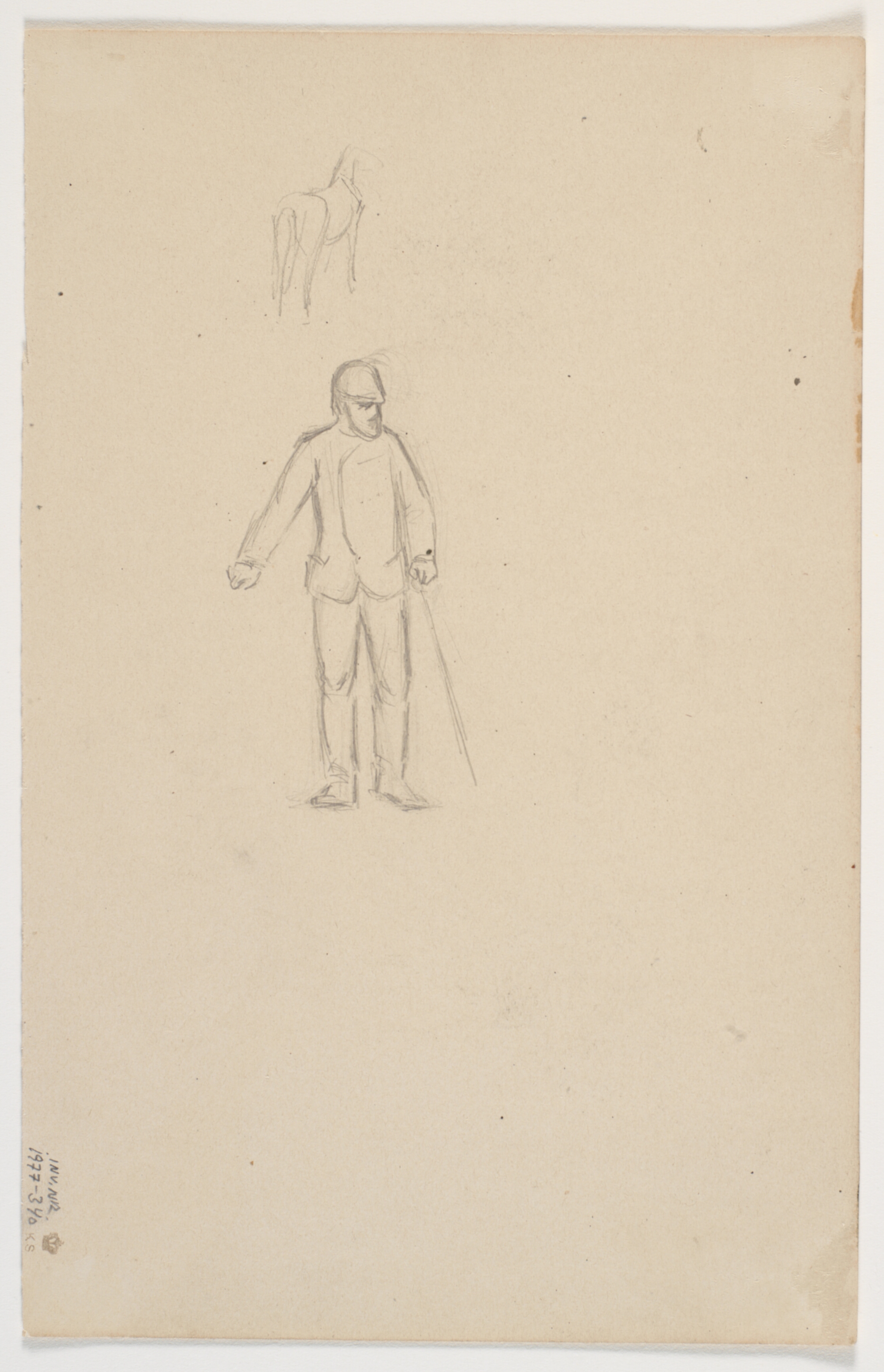 Studie af hest og gammel mand med stok